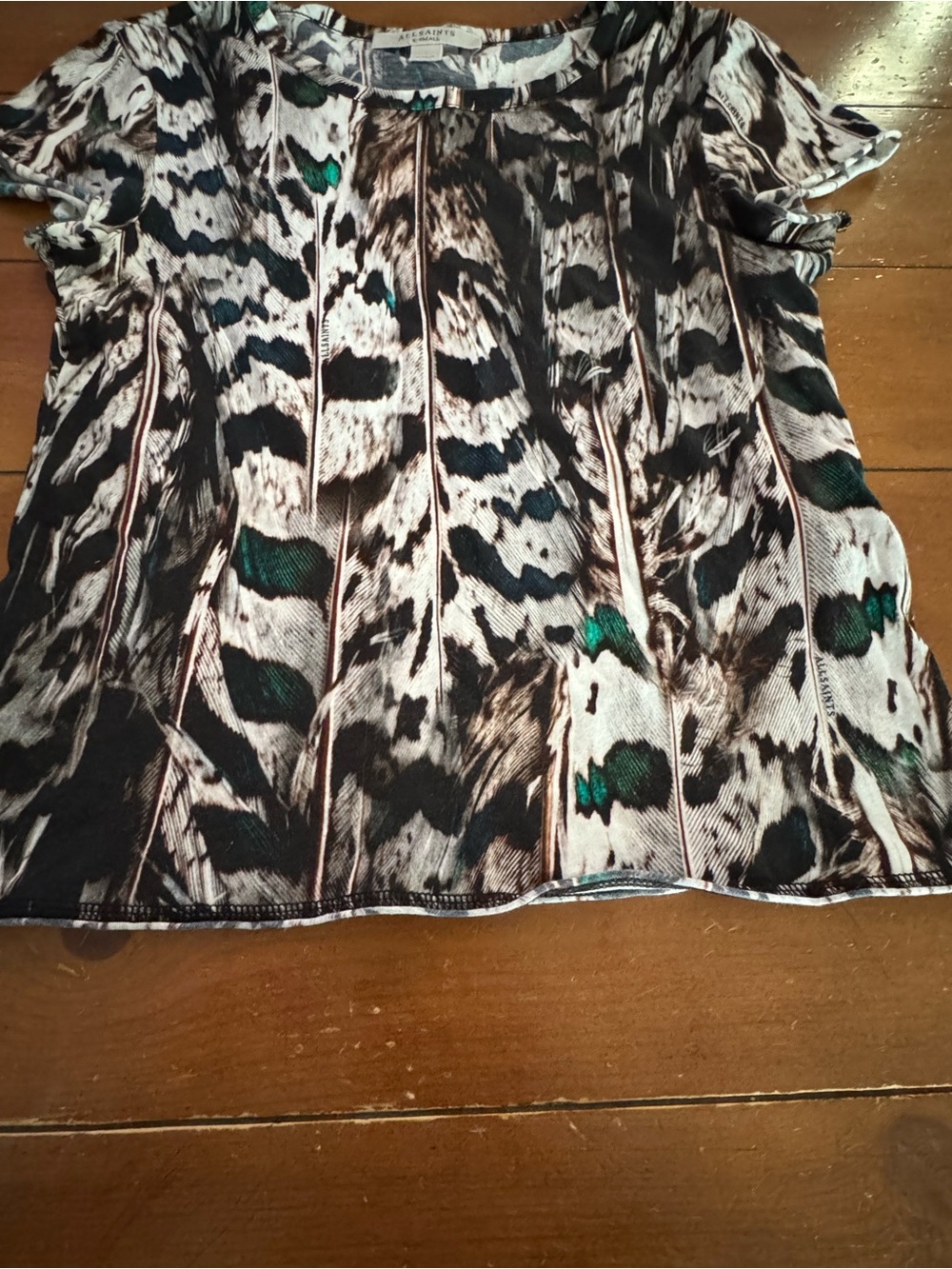 All Saints Women's Abstract Feather-Print Short Sleeve Top - Black/Green - Picture 3 of 9